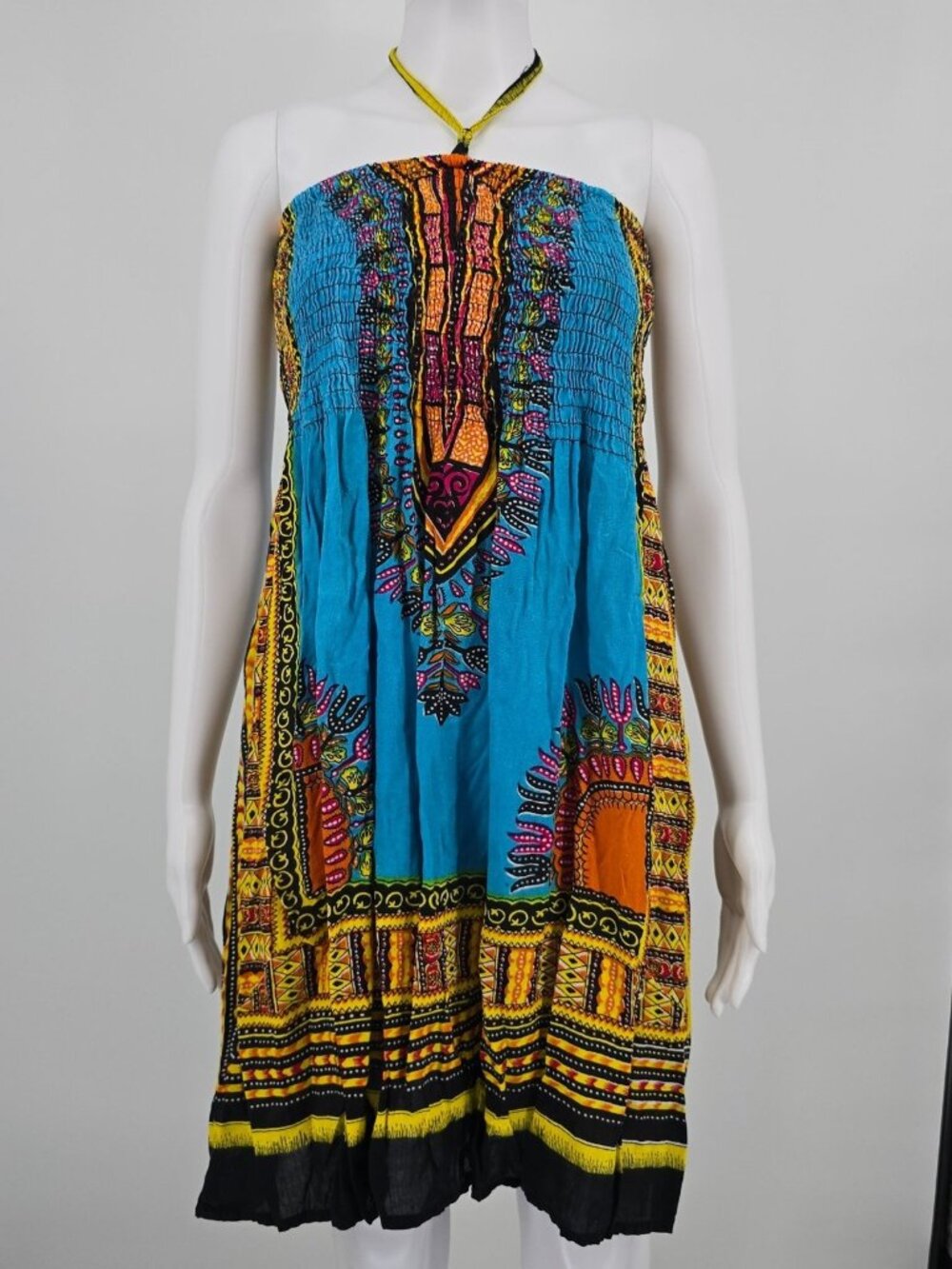 2010s Charming Charlie Dashiki Print Smocked Boho Halter Dress (Free Size)